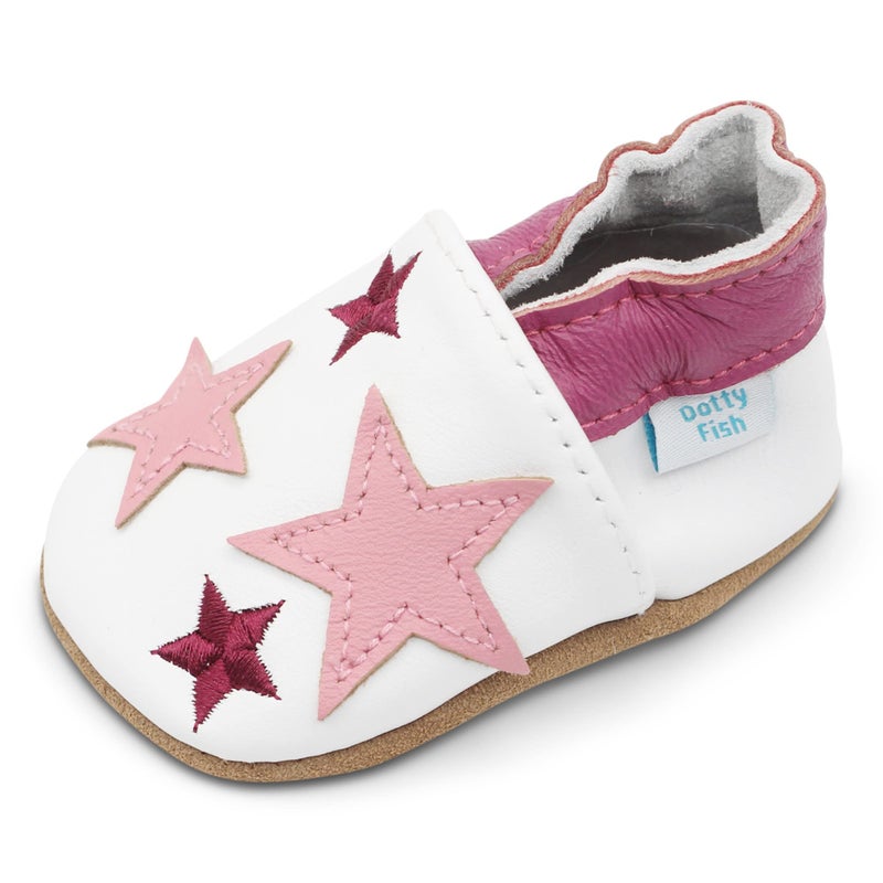 Dotty Fish Soft Leather Infant Shoes Girls pre-Walkers. White with Pink Stars. 18-24 Months - Image 1